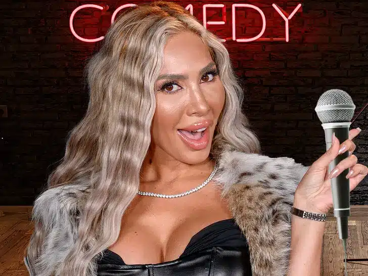 A person with long wavy hair, reminiscent of Farrah Abraham's iconic style, holds a microphone while wearing a fur-trimmed outfit and a necklace. A red neon "COMEDY" sign glows in the background, inviting you to laugh along.