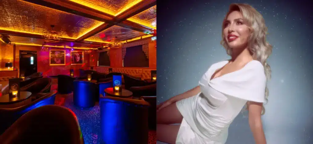 A dimly lit lounge at the Spearmint Rhino features leather seating, where a woman in a white dress poses elegantly against a starry background.