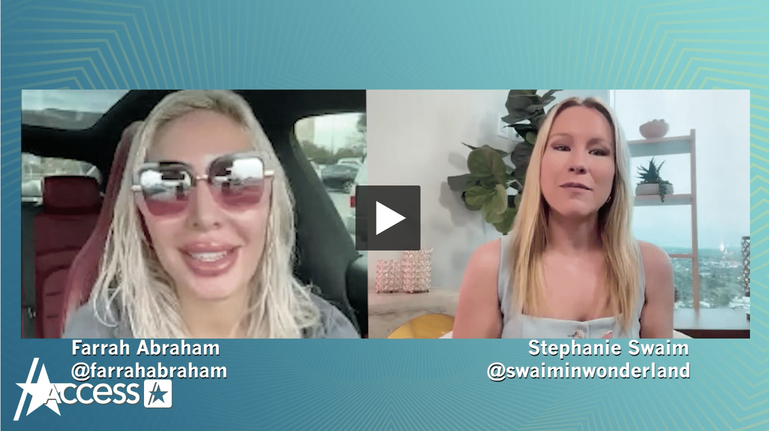 A split-screen video call with two women. The woman on the left is in a car; the woman on the right is indoors with plants. Text shows their names and social media handles.